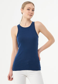 Women's High Neckline Ribbed Top Navy Blue