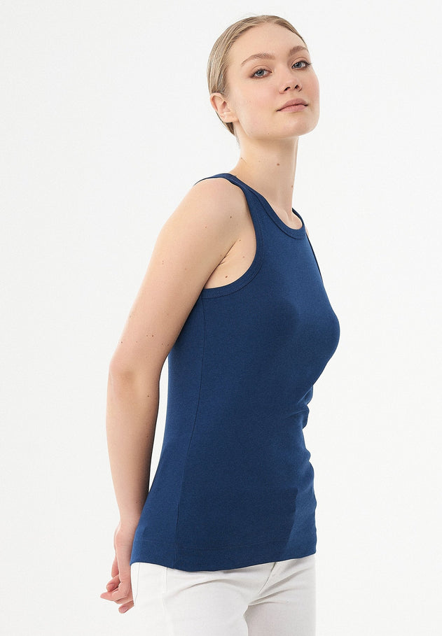 Women's High Neckline Ribbed Top Navy Blue