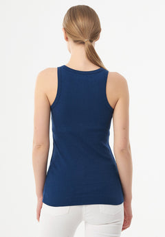 Women's High Neckline Ribbed Top Navy Blue