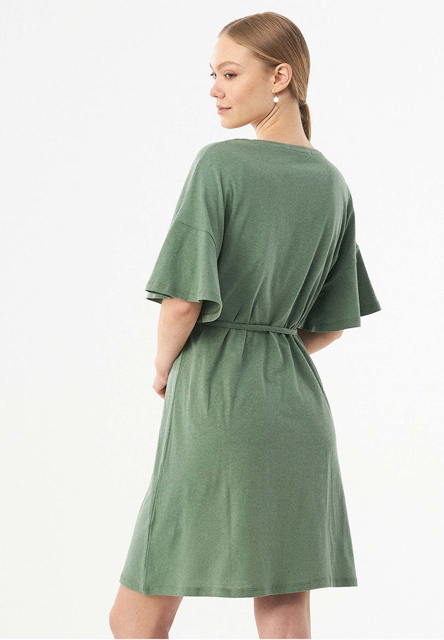 Belted Linen Blend Jersey Dress Fern Green