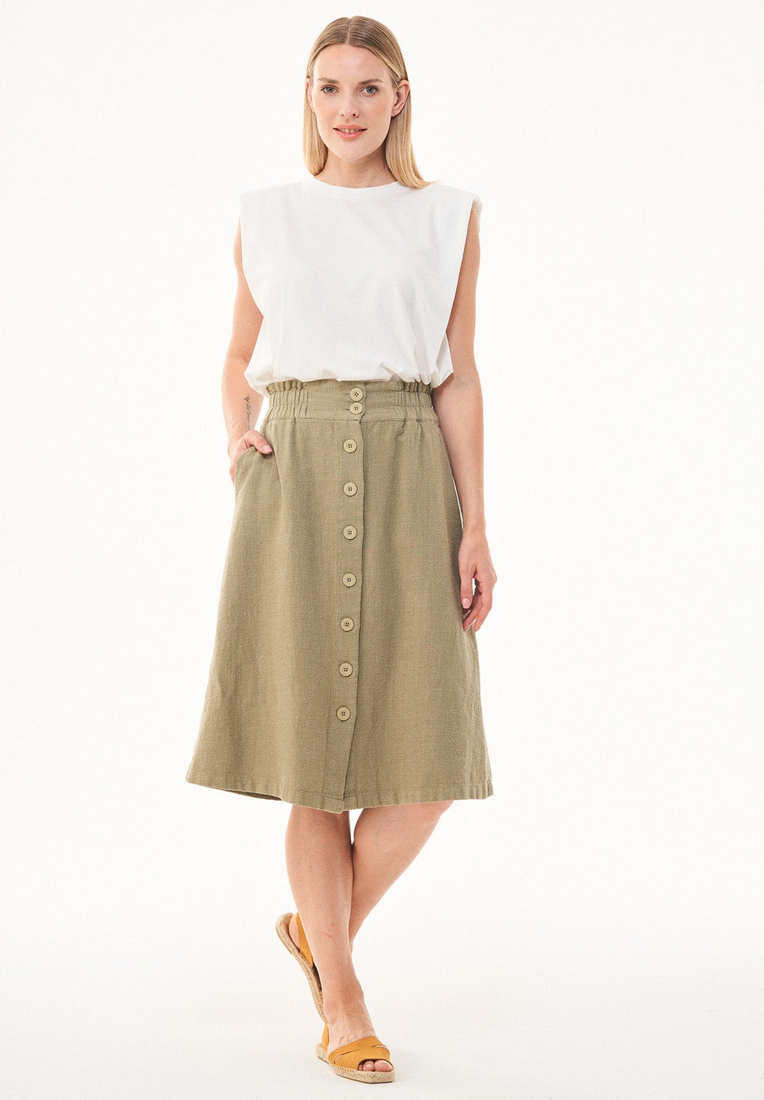 Knee-Length Linen Blend Button Skirt Olive