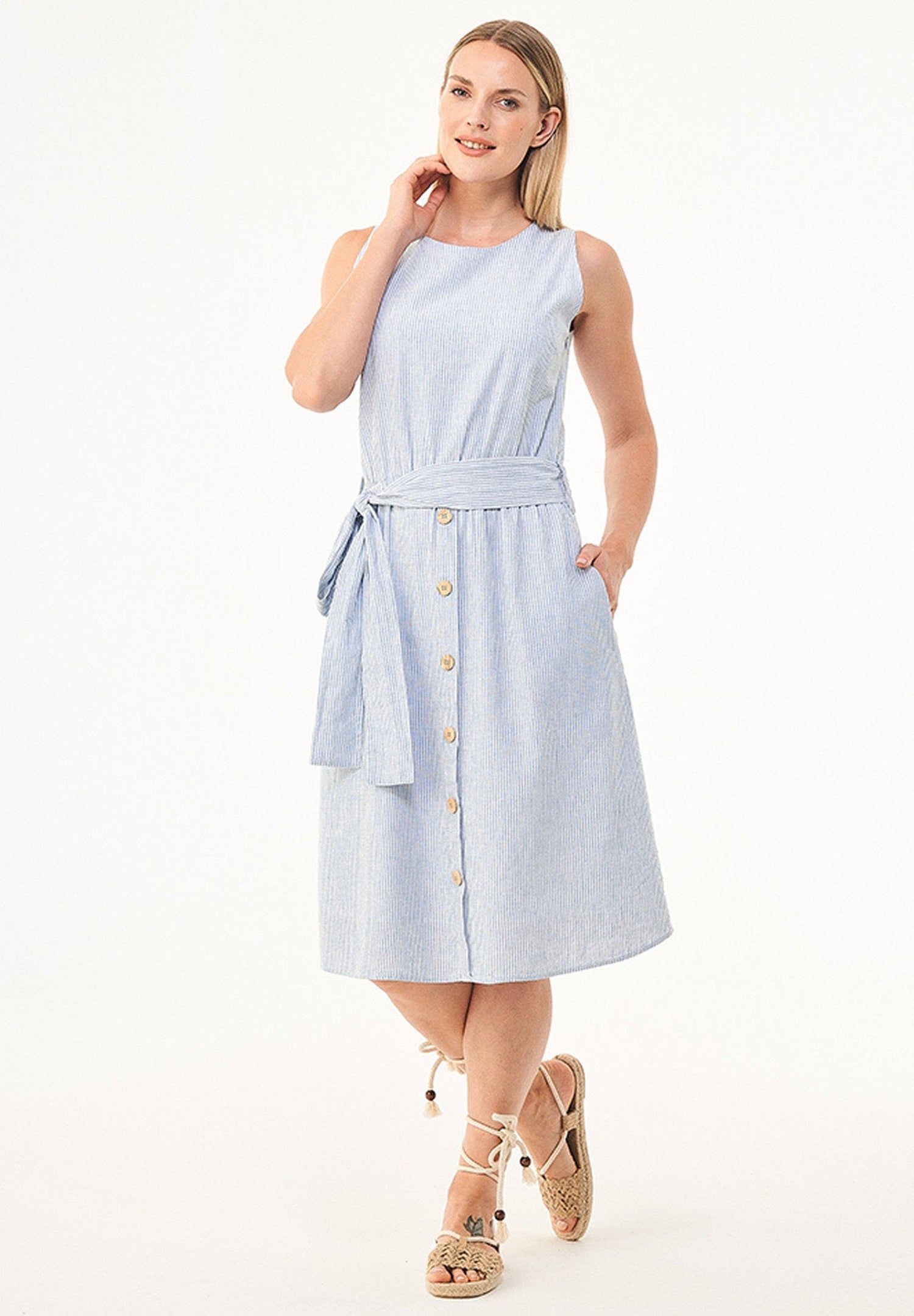 Linen-Cotton Button Dress Blue / White Striped