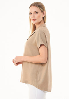 Casual Short Sleeved Linen Blend Blouse Beige