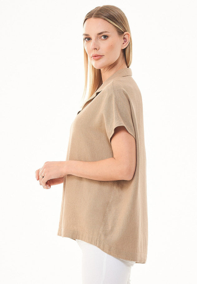 Casual Short Sleeved Linen Blend Blouse Beige