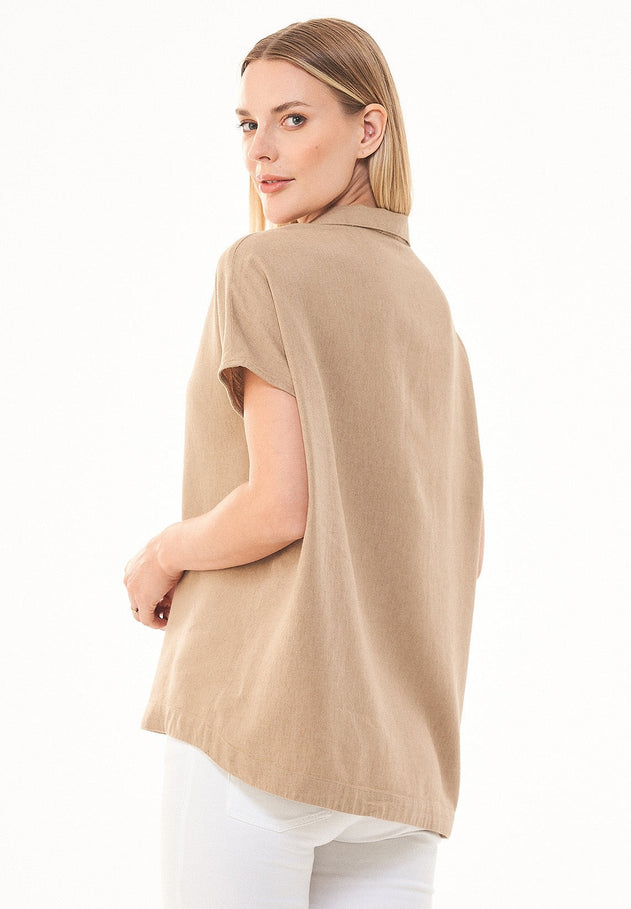 Casual Short Sleeved Linen Blend Blouse Beige