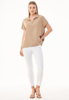 Casual Short Sleeved Linen Blend Blouse Beige