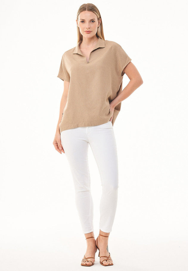 Casual Short Sleeved Linen Blend Blouse Beige