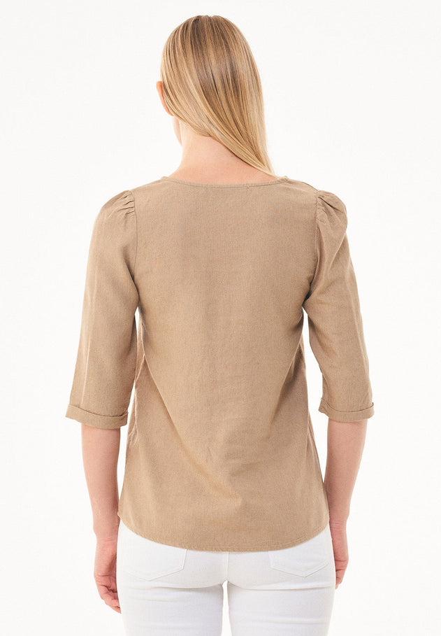 Linen Blend Puff Sleeve Blouse Beige