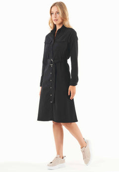 Belted Lyocell Blend Shirt Dress Black