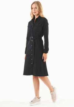 Belted Lyocell Blend Shirt Dress Black