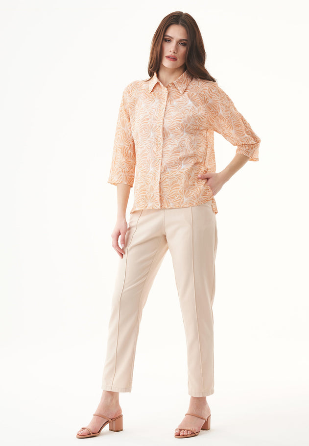 Patterned Organic Cotton Voile Button-Up Blouse Indian Tan Flower