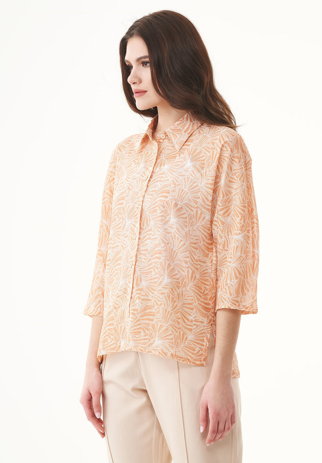 Patterned Organic Cotton Voile Button-Up Blouse Indian Tan Flower