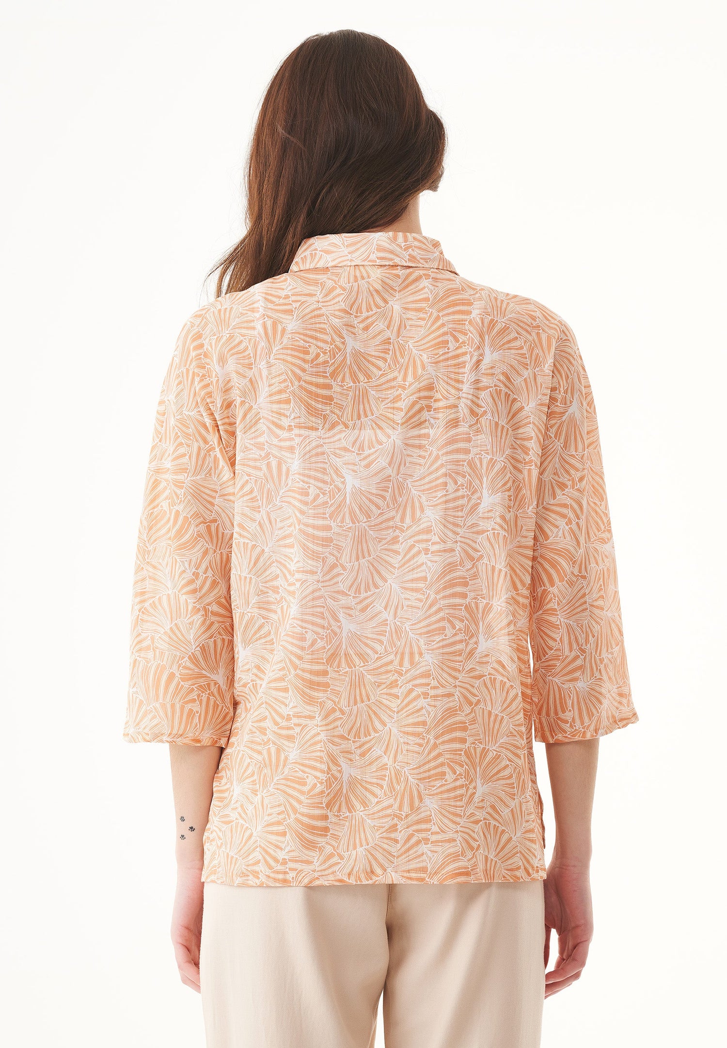 Patterned Organic Cotton Voile Button-Up Blouse Indian Tan Flower