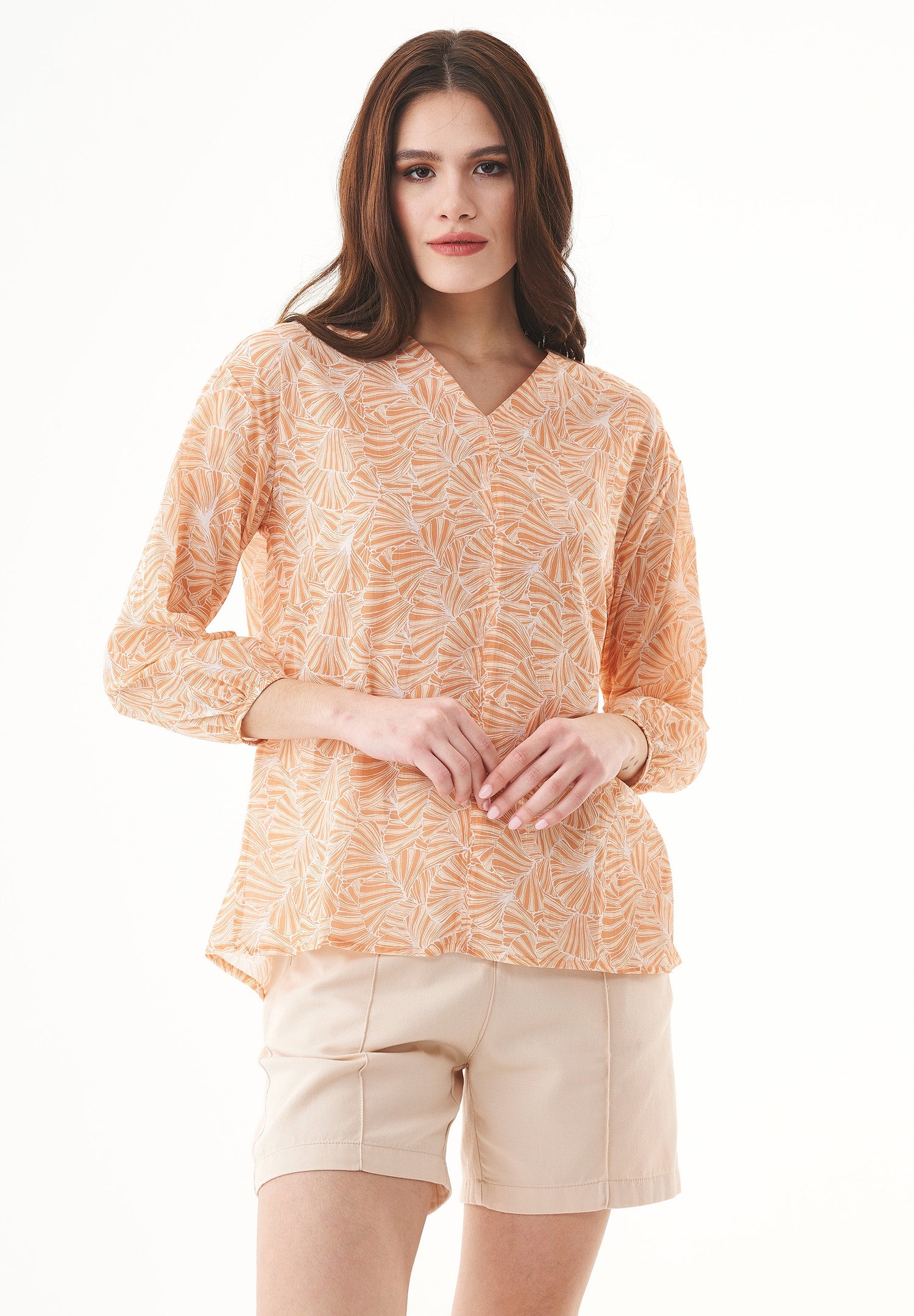 Patterned Organic Cotton Voile Blouse Indian Tan Flower