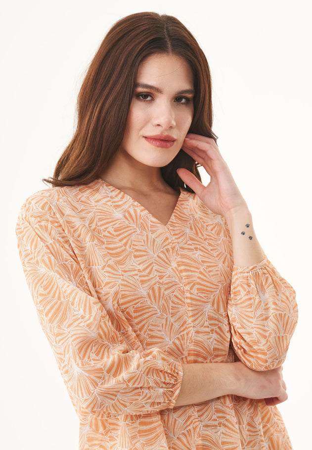 Patterned Organic Cotton Voile Blouse Indian Tan Flower