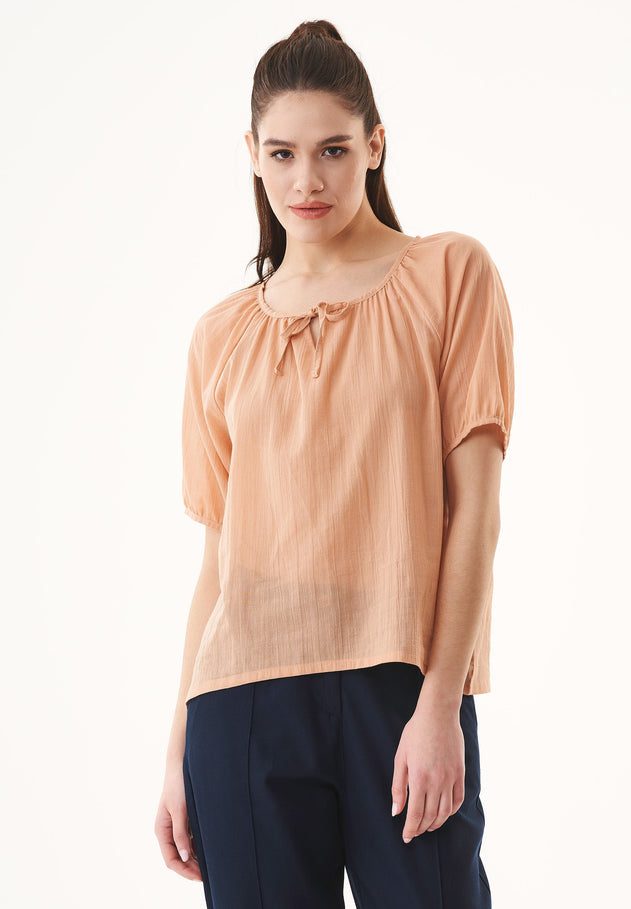 Short Sleeved Organic Cotton Voile Blouse Indian Tan