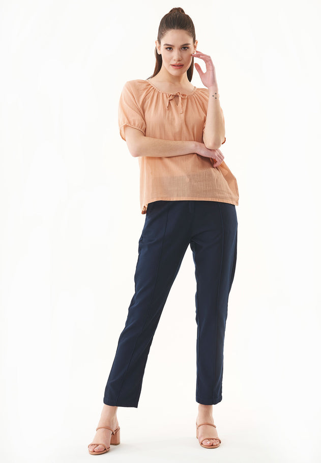 Short Sleeved Organic Cotton Voile Blouse Indian Tan