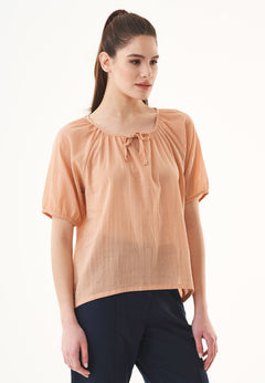 Short Sleeved Organic Cotton Voile Blouse Indian Tan