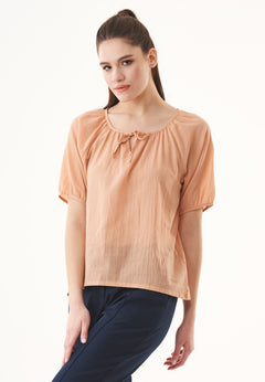 Short Sleeved Organic Cotton Voile Blouse Indian Tan