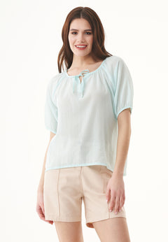 Short Sleeved Organic Cotton Voile Blouse Pale Blue