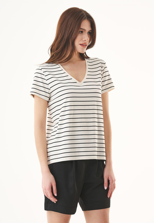 Women's Modal Blend Striped T-Shirt Off White / Black