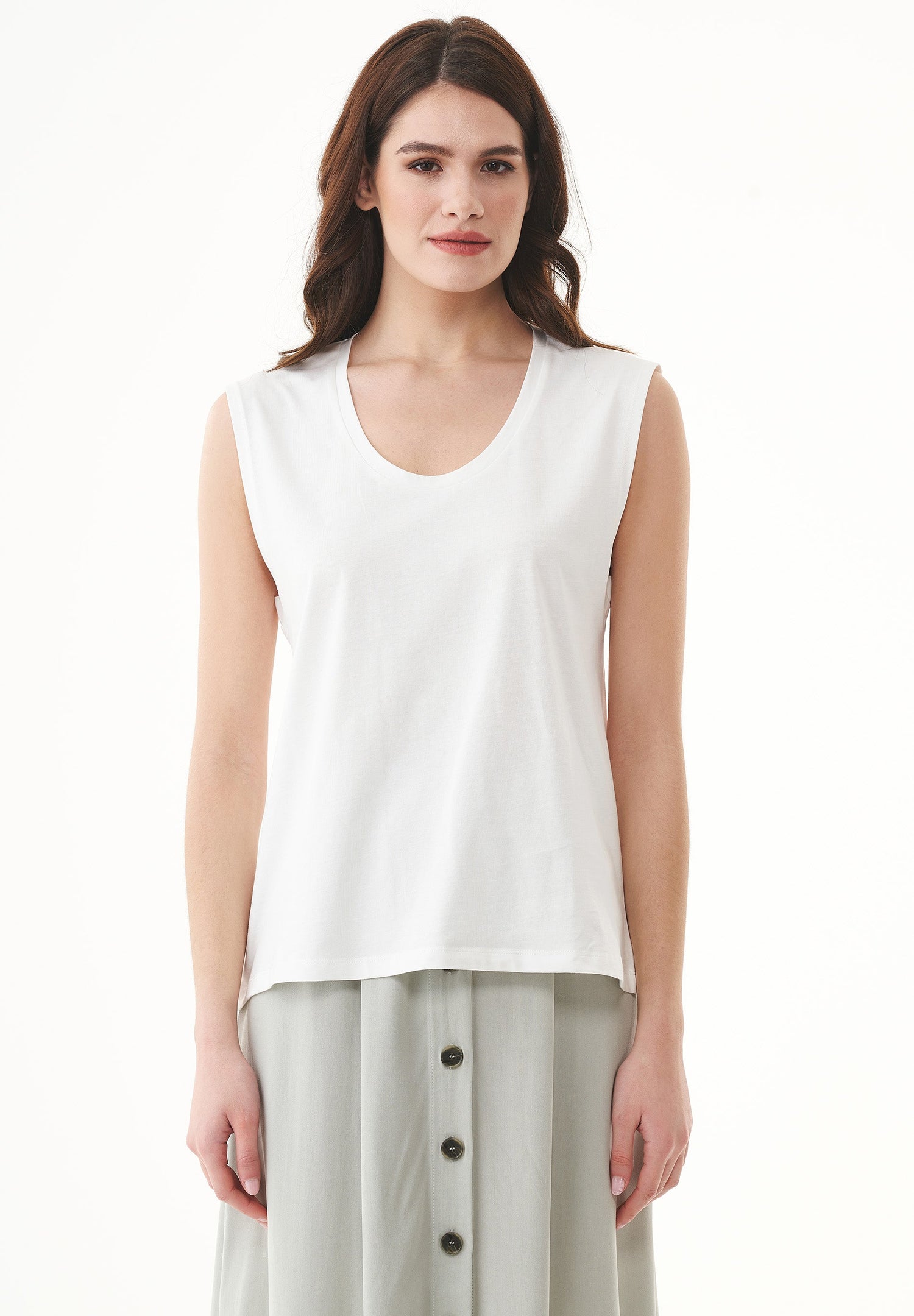 Deep Round Neck Organic Cotton Top Off White