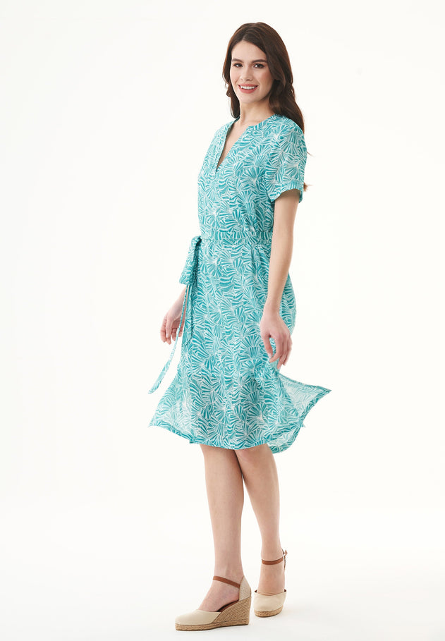 Belted Organic Cotton Voile Dress Emerald Flower