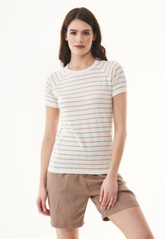 Women's Fine-Knit Organic Cotton T-Shirt Striped Off-White/Beige