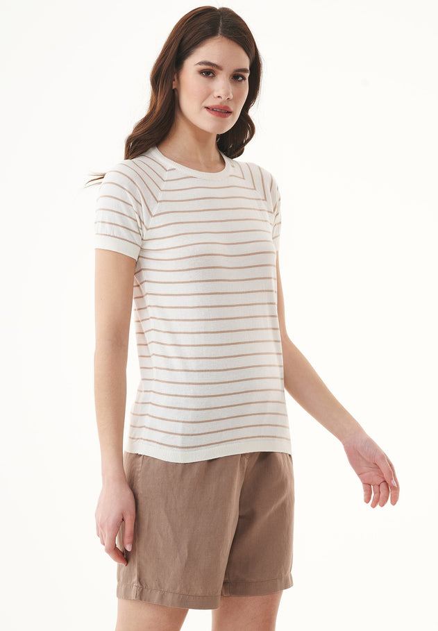 Women's Fine-Knit Organic Cotton T-Shirt Striped Off-White/Beige