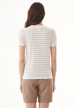 Women's Fine-Knit Organic Cotton T-Shirt Striped Off-White/Beige