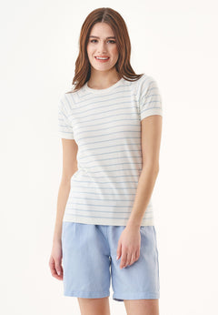 Women's Fine-Knit Organic Cotton T-Shirt Striped Off-White/Mid Blue