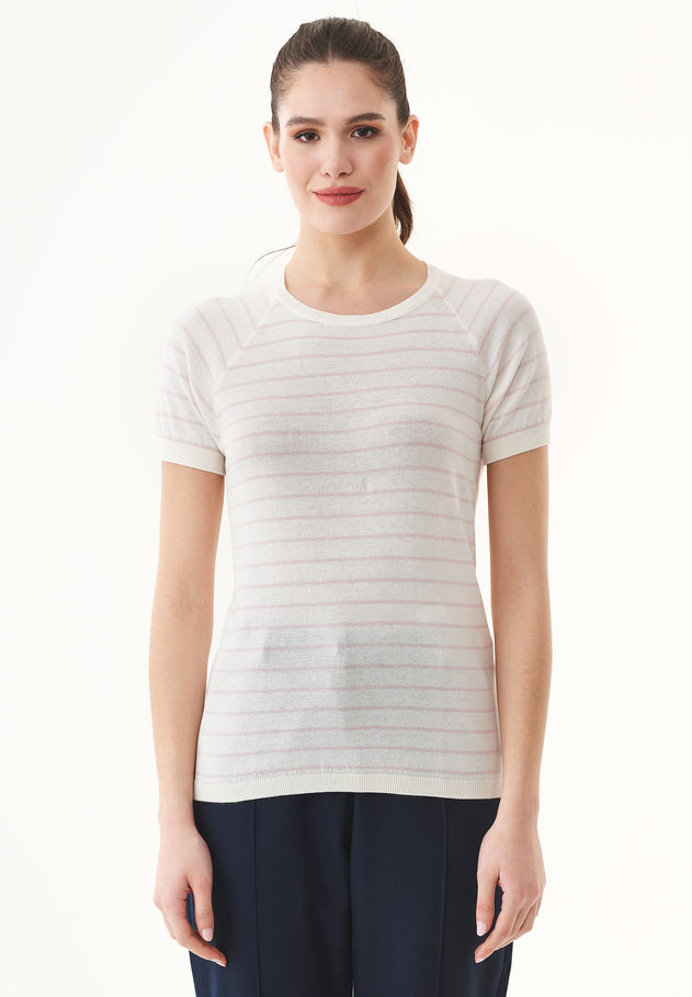 Women's Fine-Knit Organic Cotton T-Shirt Striped Off-White/Soft Pink