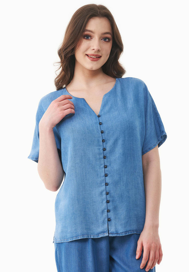 Lyocell Denim Button Blouse Light Blue
