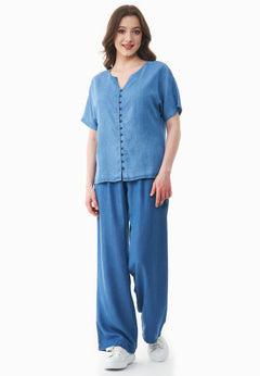 Lyocell Denim Button Blouse Light Blue