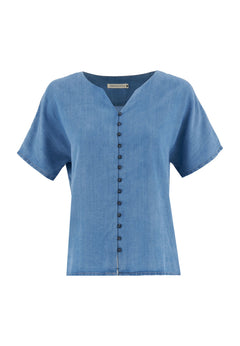 Lyocell Denim Button Blouse Light Blue