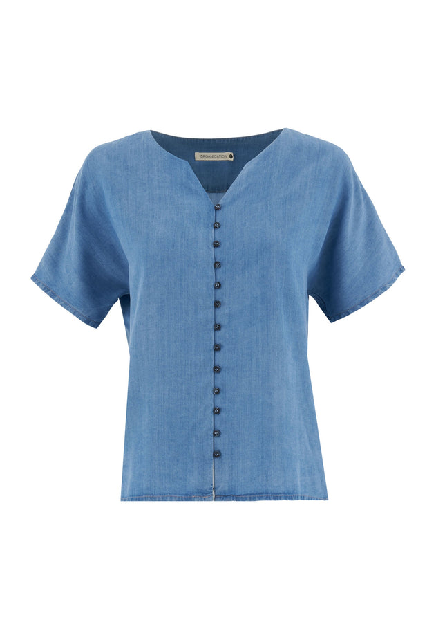 Lyocell Denim Button Blouse Light Blue