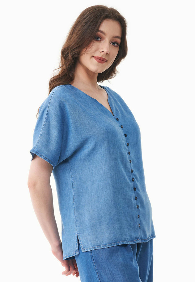 Lyocell Denim Button Blouse Light Blue