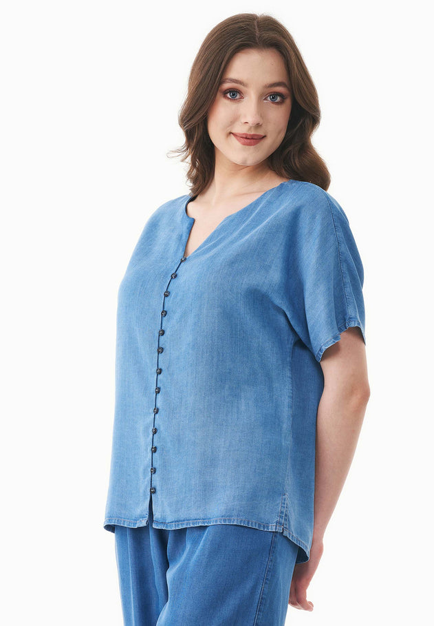 Lyocell Denim Button Blouse Light Blue