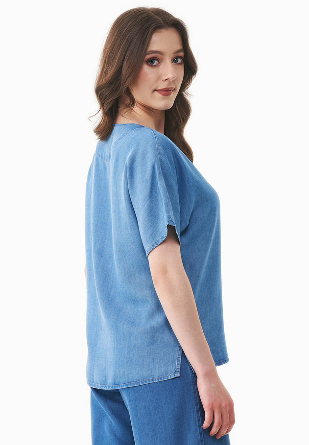 Lyocell Denim Button Blouse Light Blue
