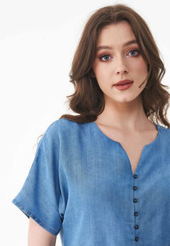 Lyocell Denim Button Blouse Light Blue