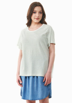 Thinly Striped Linen Blend T-Shirt Off White / Matcha Green