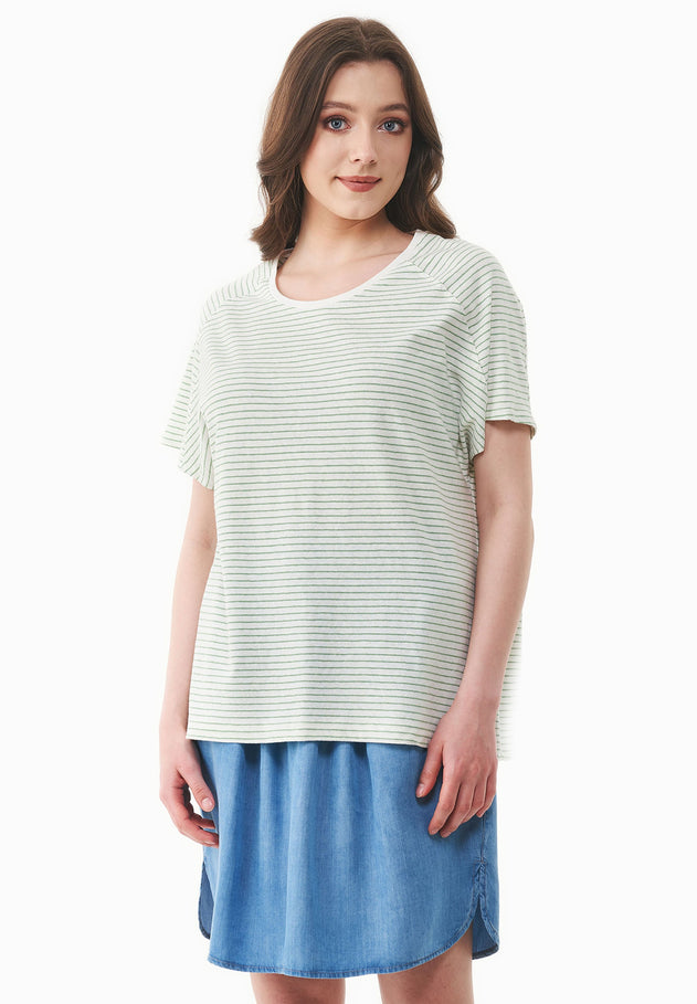 Thinly Striped Linen Blend T-Shirt Off White / Matcha Green