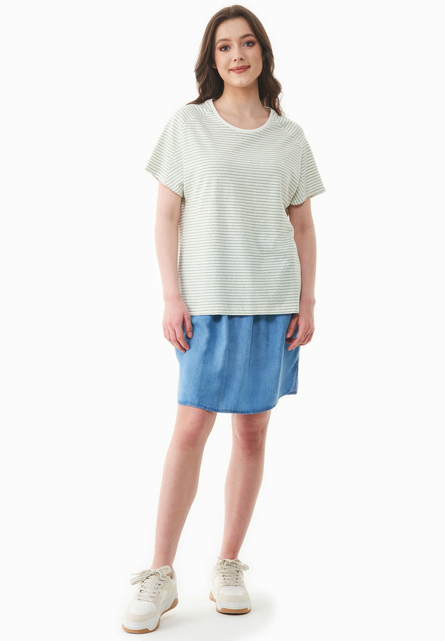 Thinly Striped Linen Blend T-Shirt Off White / Matcha Green