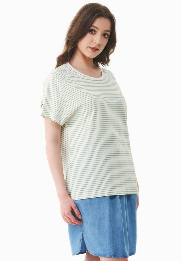 Thinly Striped Linen Blend T-Shirt Off White / Matcha Green