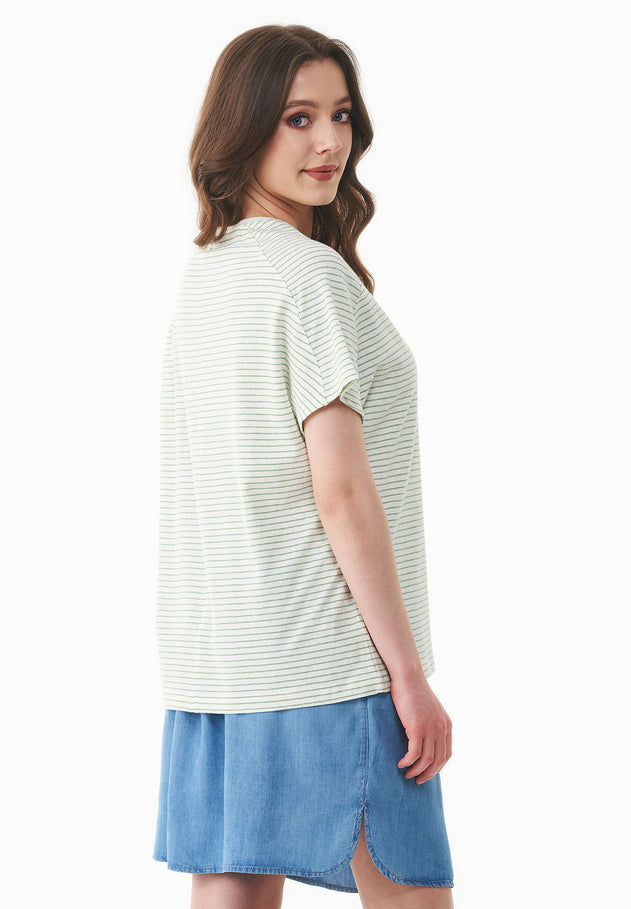 Thinly Striped Linen Blend T-Shirt Off White / Matcha Green