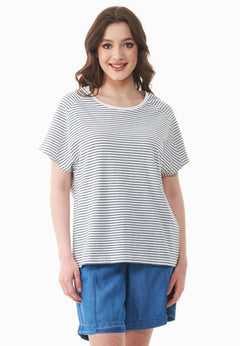 Thinly Striped Linen Blend T-Shirt Off White / Navy
