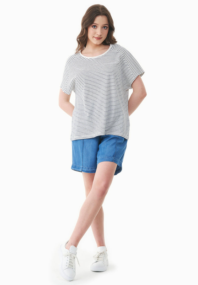 Thinly Striped Linen Blend T-Shirt Off White / Navy