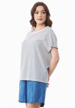 Thinly Striped Linen Blend T-Shirt Off White / Navy