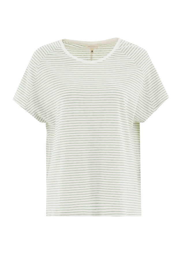 Thinly Striped Linen Blend T-Shirt Off White / Matcha Green