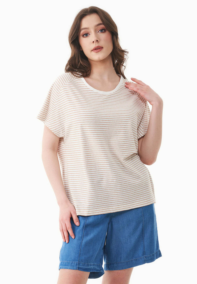 Thinly Striped Linen Blend T-Shirt Off White / Tan